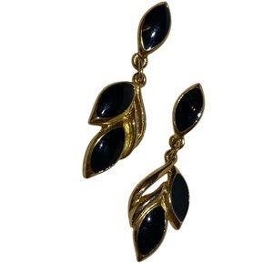 DROP LEAF EARR with Two Leaf Design and Black “Onyx” with Gold Accents